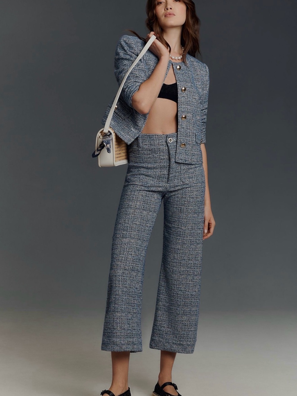 Maeve Blue Tweed Cropped Wide-Leg Pants